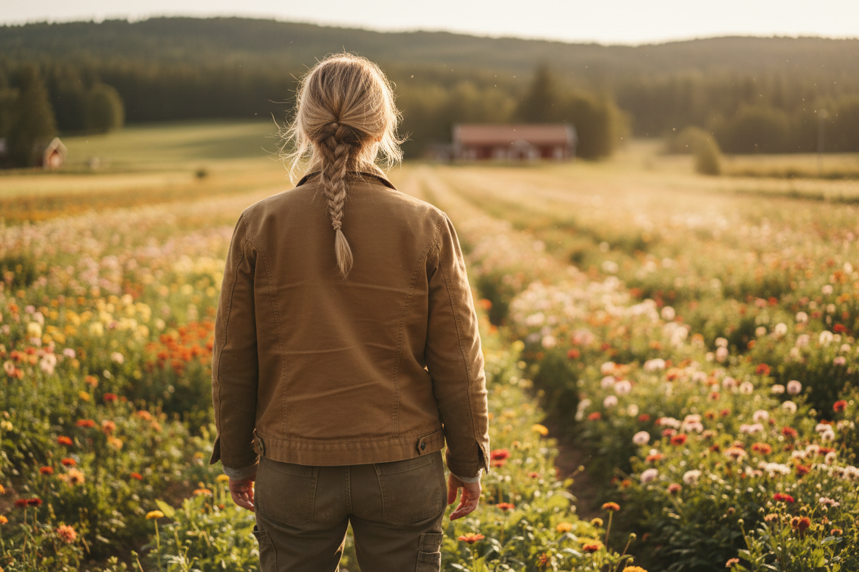 mer realistisk ut, mindre odlungar. kvinnan får gärna stå nära kameran och odlingarna anas bakom