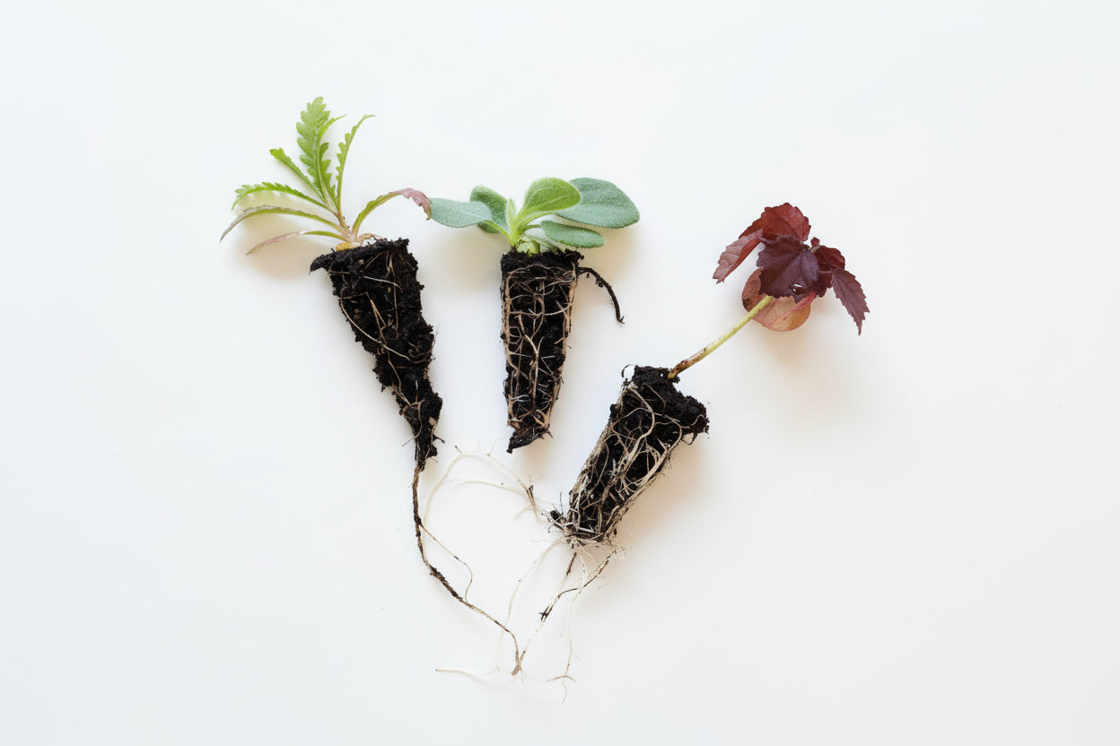 Pluggplantor – närbild på rotklump och plantor redo för utplantering | Snittblomsfolk