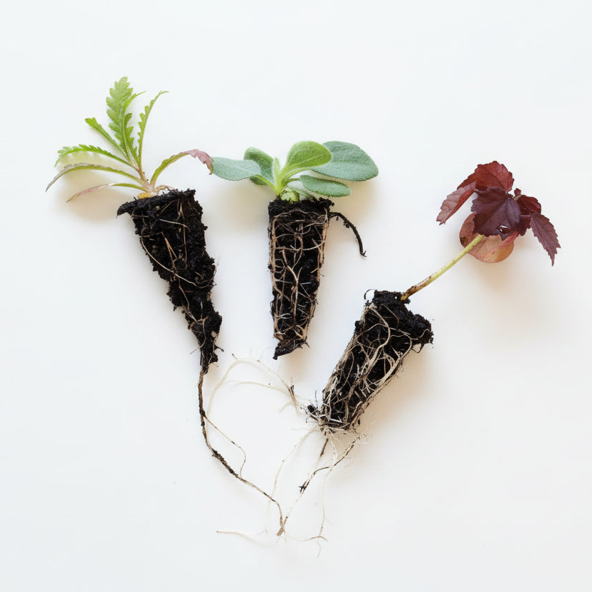 Pluggplantor – närbild på rotklump och plantor redo för utplantering | Snittblomsfolk